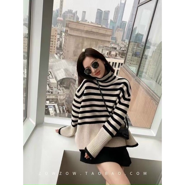 Áo len kẻ cổ cao quảng châu