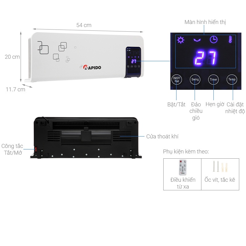Máy sưởi gốm Rapido RCH2000 nhà tắm không gây khô da, quạt sưởi ấm mini mùa đông cho bé tiêu chuẩn Châu Âu