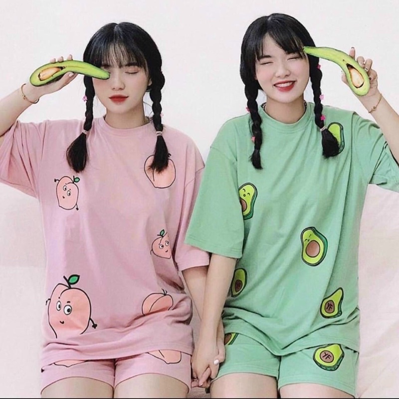 Set cartoon TRÁI BƠ và TRÁI ĐÀO - Set bộ đùi quần áo nữ Unisex Freesize 38-70kg
