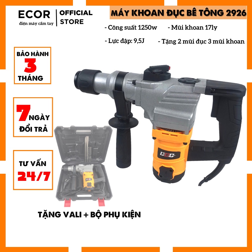 Máy khoan đục bê tông GT2926 công suất 1250w, mũi 17 ly, Máy 2 chức năng đục & khoan đục | Tặng 2 mũi đục + 3 mũi khoan