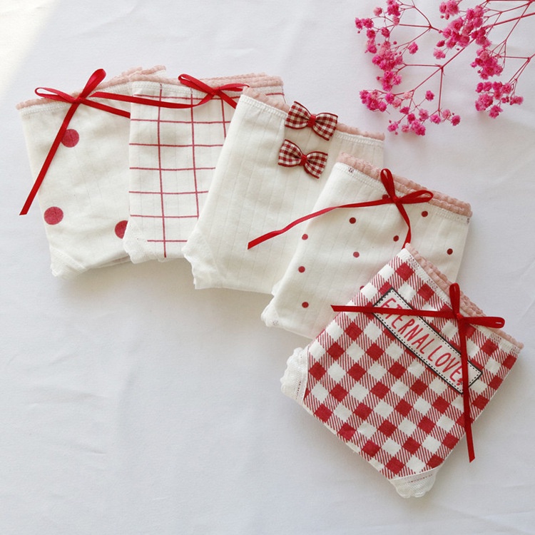 Quần lót nữ cute combo 5 quần cotton đính nơ đỏ 311