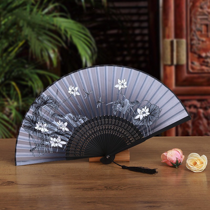 Quạt cổ trang xám trúc quạt xếp cầm tay phong cách cổ đại in họa tiết trang trí đẹp