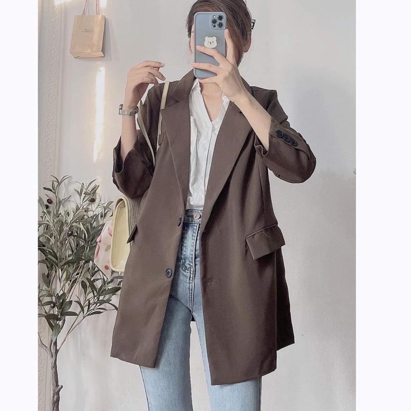 Áo blazer form rộng nâu-trắng
