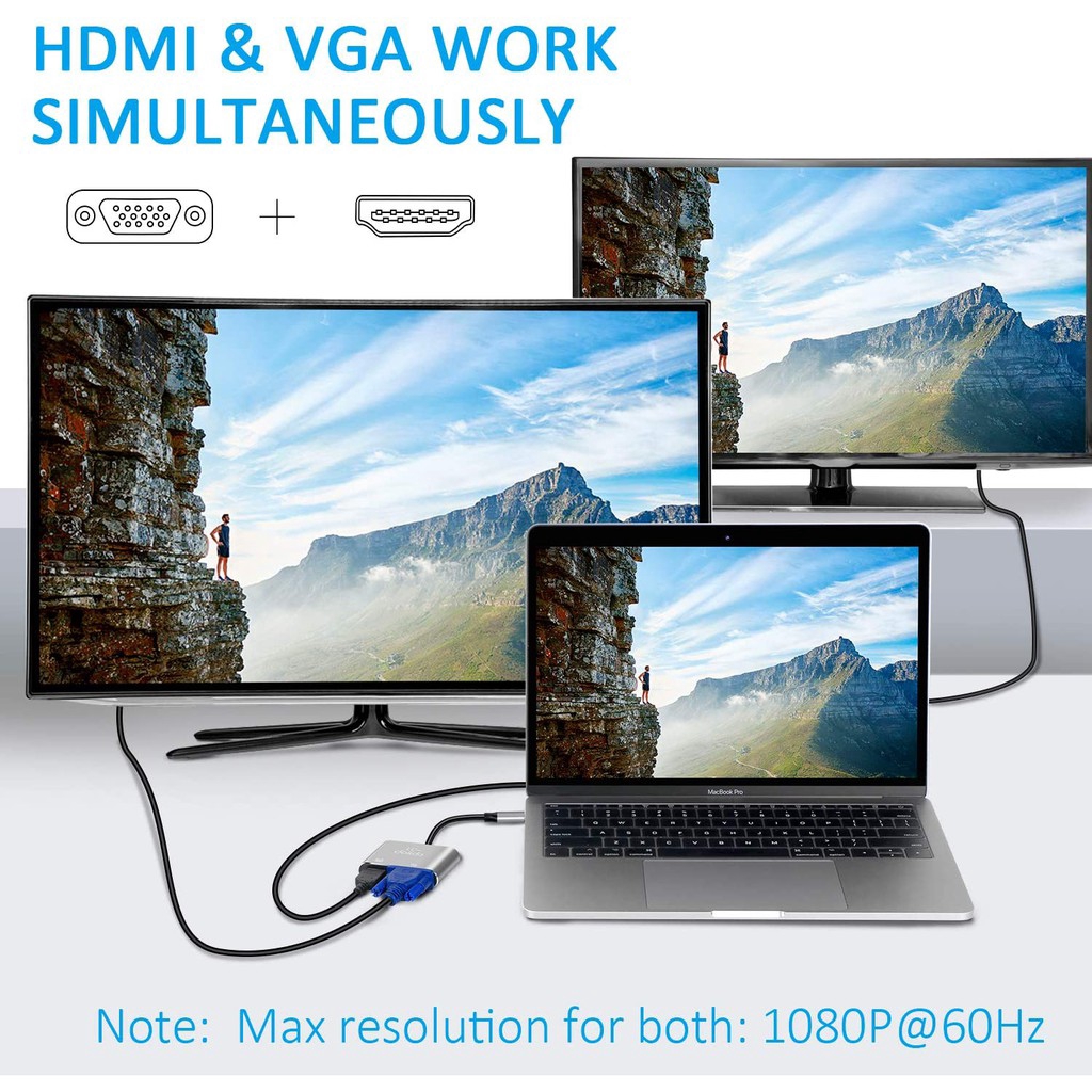 USB 3.1 Type C To HDMI VGA Adapter Laptop External Display Hub Support Dual Interface Simultaneous Output for Macbook