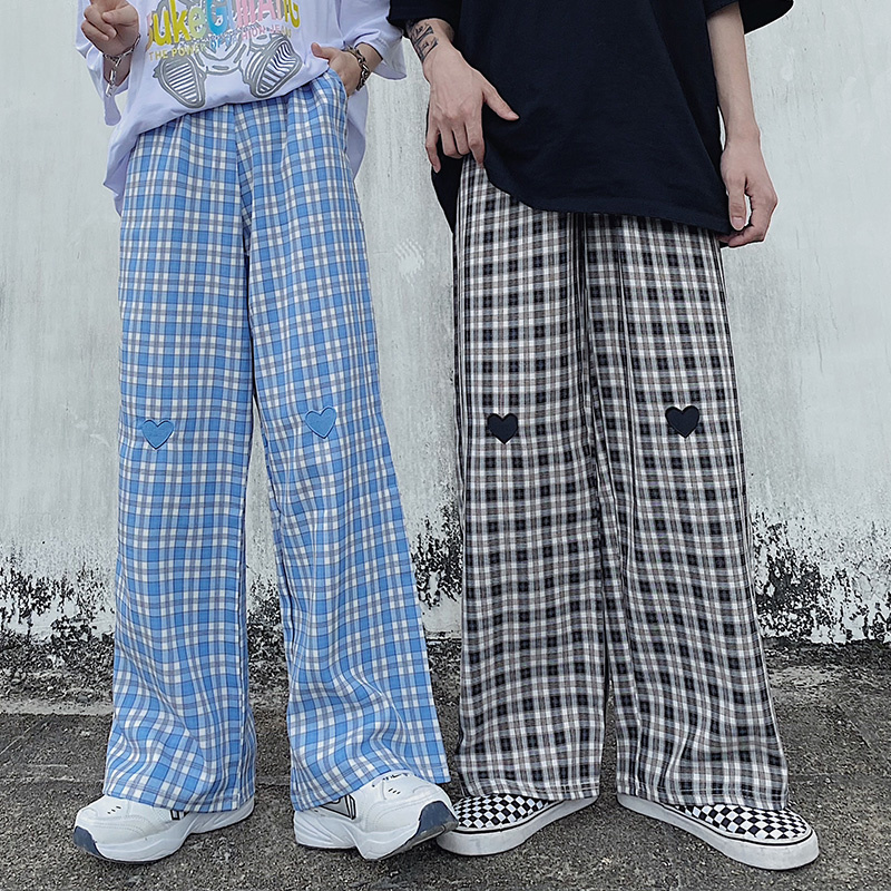 Harajuku style wide leg pants lovers Plaid straight pants men's and women's casual pants