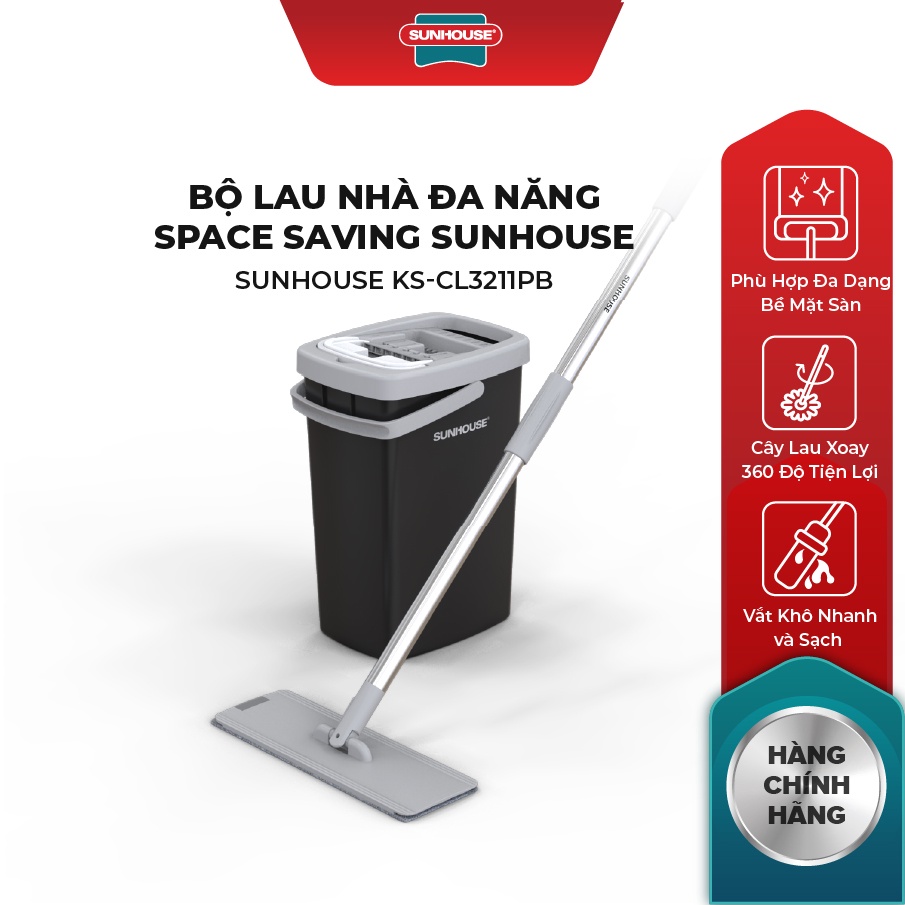 Bộ lau nhà tự vắt thông minh xoay 360 độ Space Saving SUNHOUSE KS-CL3211PB |Bao gồm 1 thùng giặt, 1 cây lau