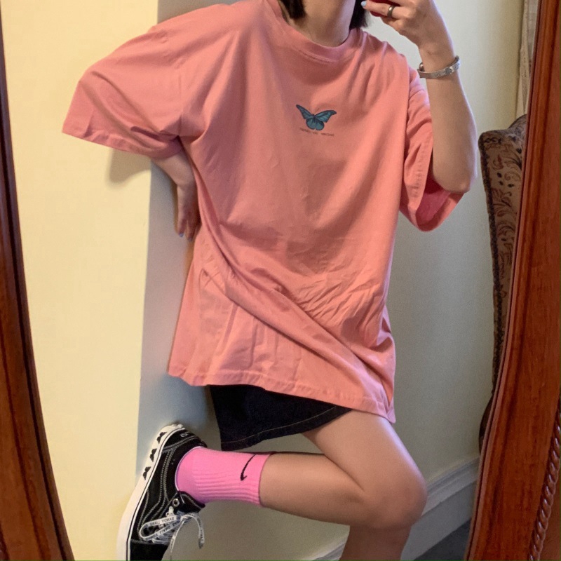 Áo Thun Nữ Dáng Dài Rộng Họa Tiết Bướm Đơn Giản Phong Cách Hàn Quốc