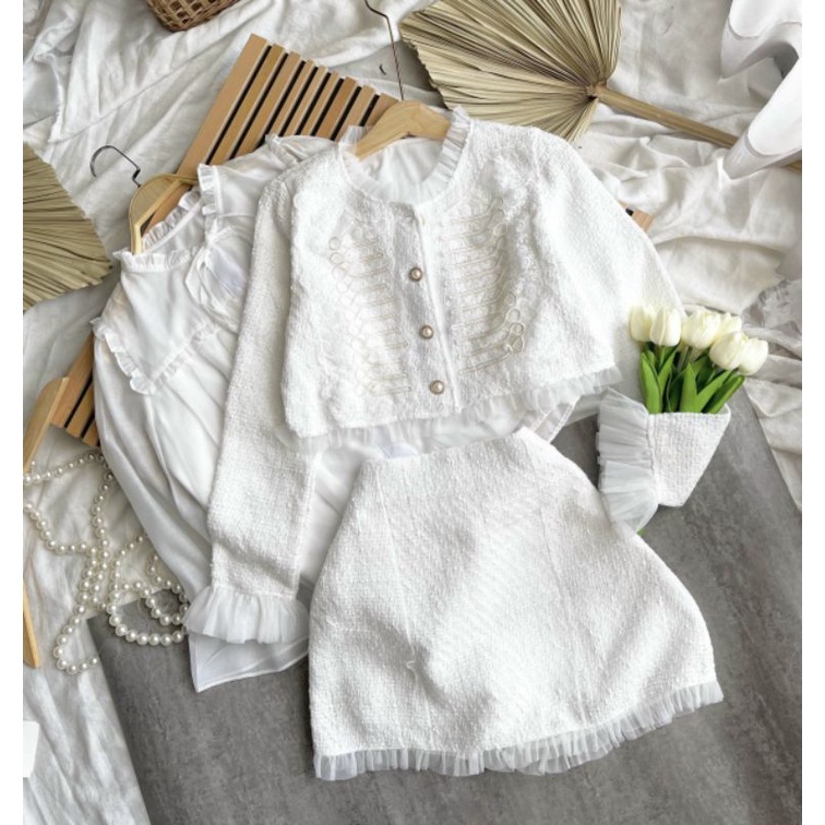 Set dạ tweed 3 món màu trắng