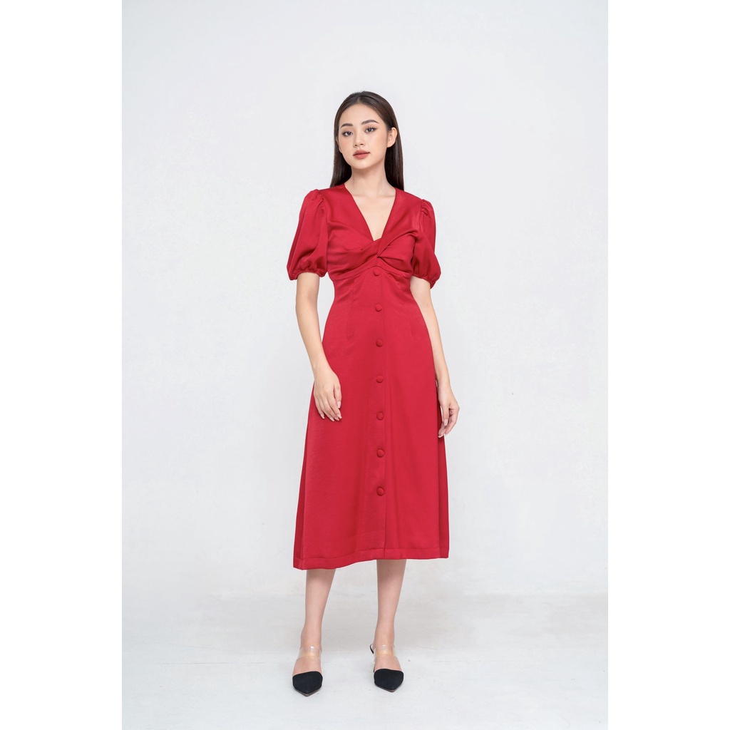 De Leah - Đầm Ôm Midi Xoắn Nơ Ngực- Thời Trang Thiết Kế