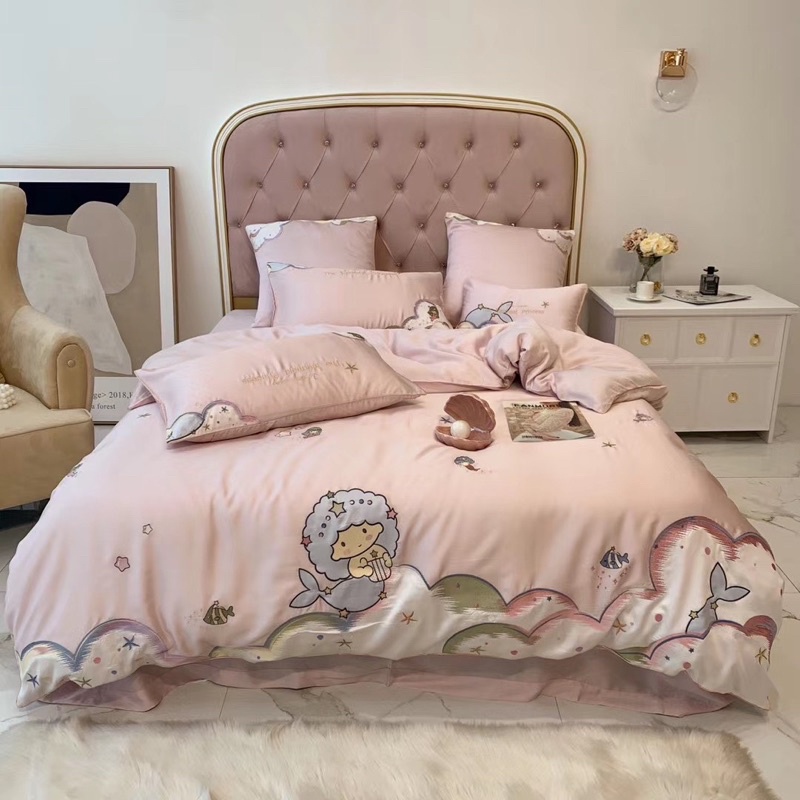 Bộ chăn ga gối tencel 100s hoạ tiết nàng tiên cá 4 món
