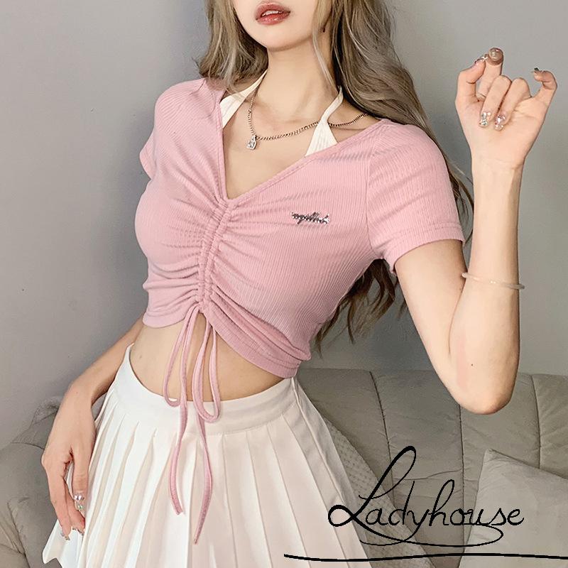 Áo Thun Crop Top Cổ Chữ V Tay Ngắn Dây Rút In Họa Tiết Chữ Dành Cho Nữ