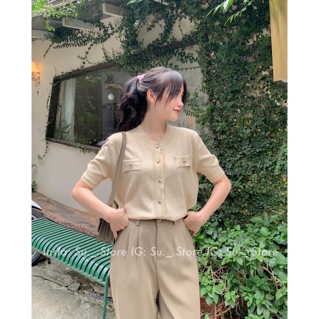 Áo len mỏng cổ tròn túi giả đính cúc A2326 SUSTORE