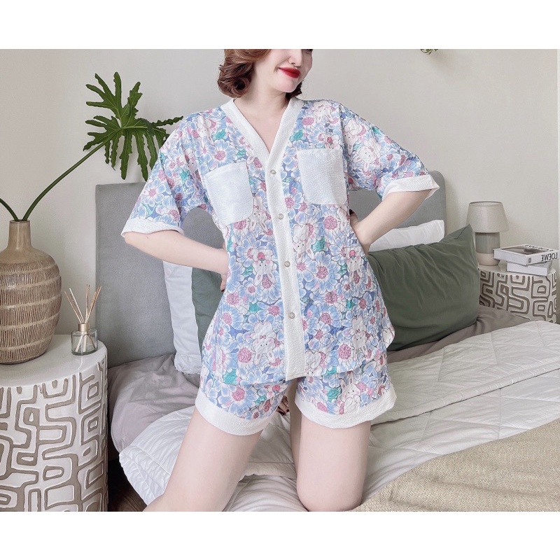Bộ Pizama Mặc Nhà Nữ Trúc My lụa xốp quảng châu, cổ tim, Freesize 45-65kg, tuỳ chiều cao