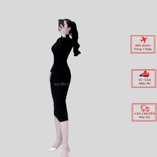 Đầm body nữ dáng dài nhún sườn ngắn tay cổ lọ kiểu tôn dáng phong cách cá tính thời trang yolo fashion