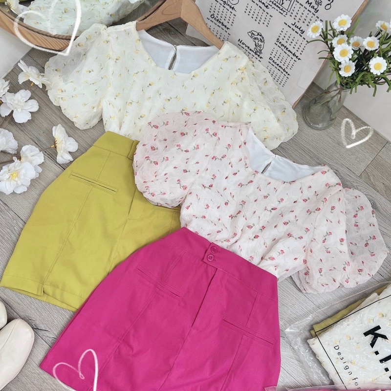 SET ÁO HOA TAY BỒNG + CHÂN VÁY NÚT HAI MÀU