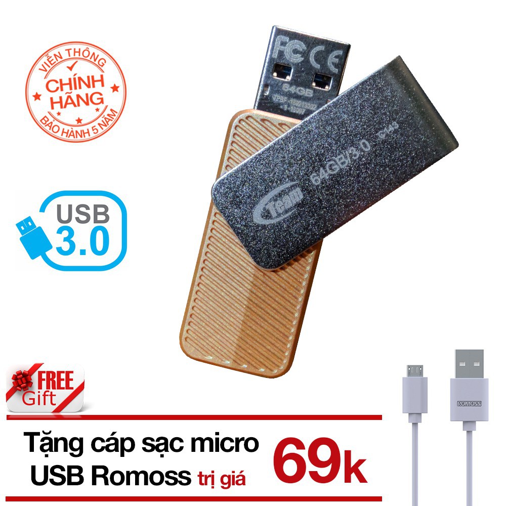 (Tặng cáp) USB 64GB Taiwan Team Group C143 tặng Cáp micro USB tròn Romoss - Hãng phân phối chính thức