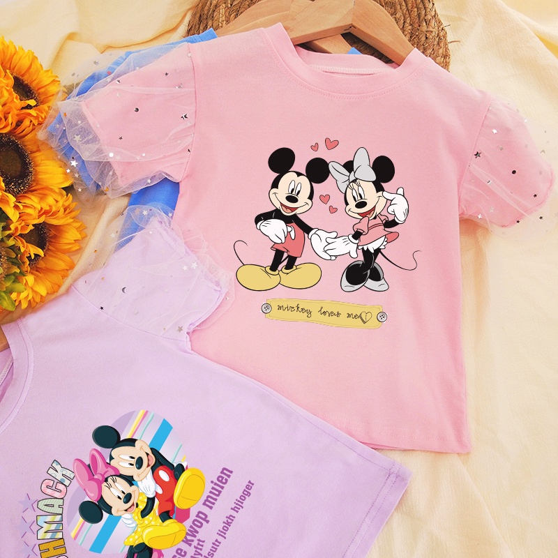 Áo Thun 100% Cotton Tay Ngắn In Hình Mickey Và Minne Dễ Thương Dành Cho Bé Gái