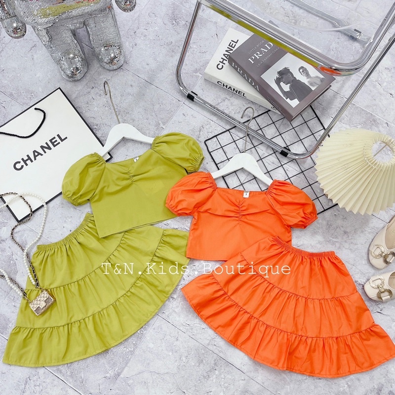 Set áo crop top cv tầng cho bé gái 15-28kg