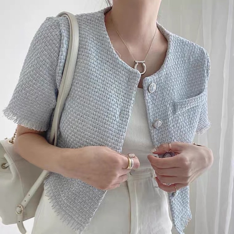 Áo khoác ngoài dạ tweed basic vải mềm croptop sơ mi không cổ lửng cổ tròn xinh xắn thanh lịch