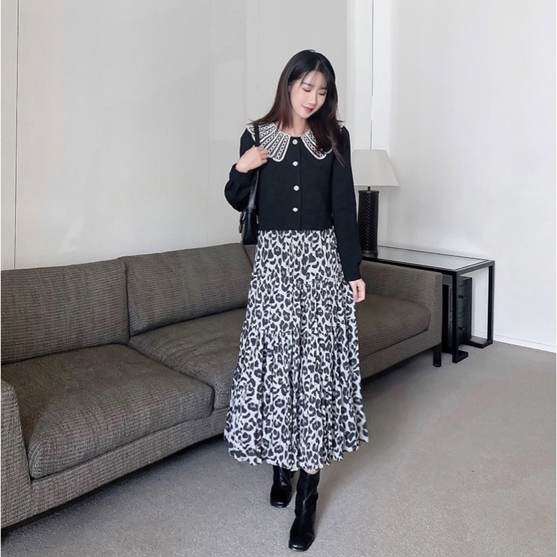 Chân váy dài lưng cao họa tiết da báo dáng xoè QC M01