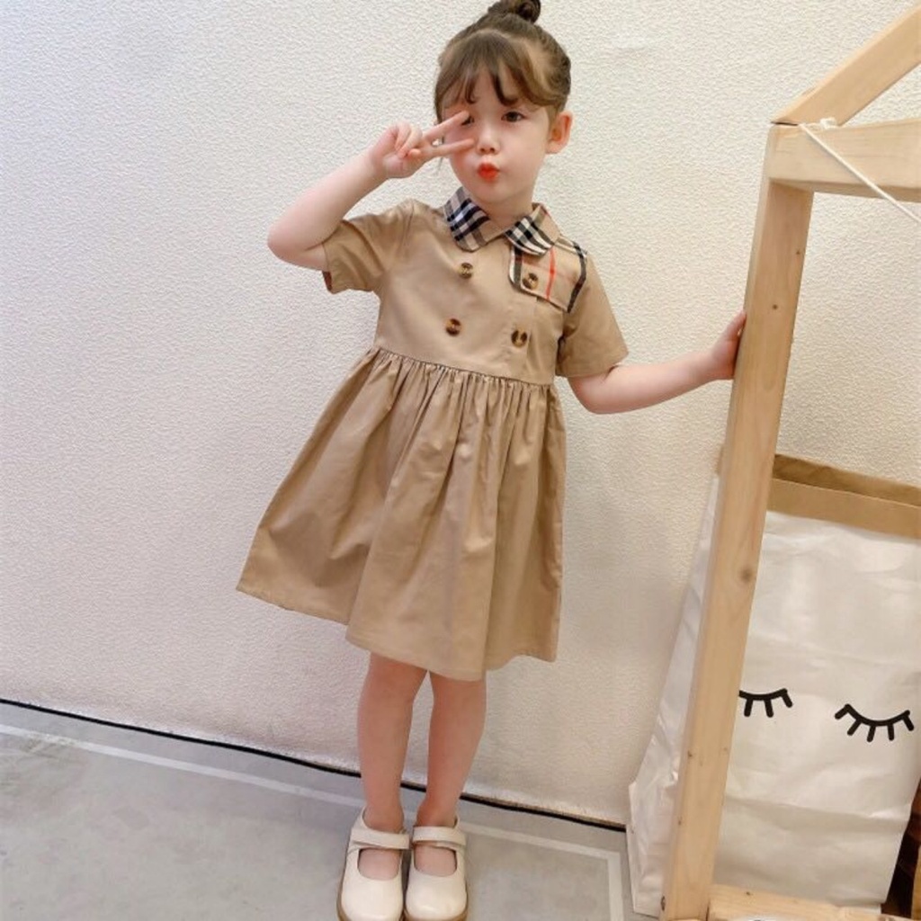 Váy thô bé gái,  váy thô kaki mềm cổ và vai phối BBR siêu sang cho bé