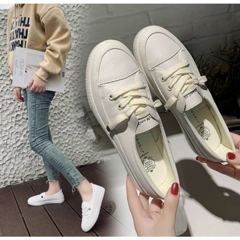 Giày slip on đan dây màu trắng kem,đế bằng