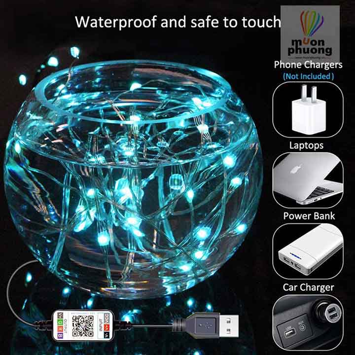 Dây led đom đóm bộ điều khiển kết nối với ứng dụng đa năng trên điện thoại ios android thông qua cổng bluetooth.