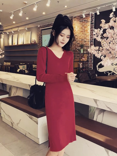 Đầm suông váy suông nữ dài tay cổ tim chất đẹp có hình thật