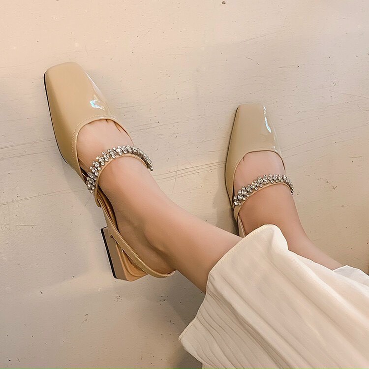 Sandal da bóng đen trắng nude quai ngang mảnh viền đá cực xinh - 2P