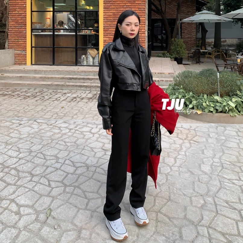 Áo khoác da nữ dáng ngắn 2 lớp , áo khoác croptop, leather jacket, ulzzang, thiết kế T-Ju (trendy croptop)