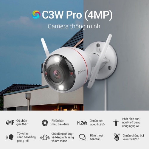 Camera WIFI Ngoài trời EZVIZ C3W-PRO 4MP,IP67 chống bụi nước, Màu Ban Đêm, Âm Thanh 2 Chiều, Đèn và Còi Báo Động, AI