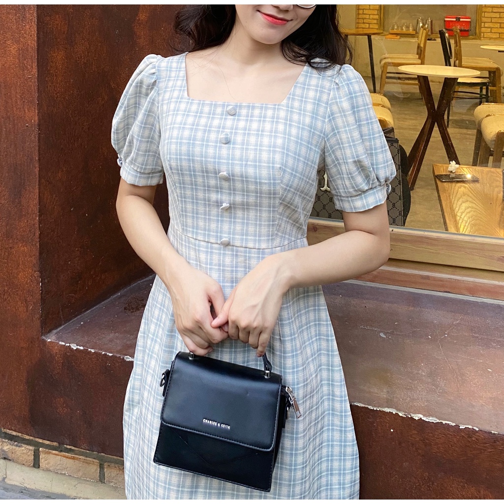 Đầm nữ váy nữ thiết kế BIGSIZE  kẻ caro cổ vuông tay bồng VAA03-