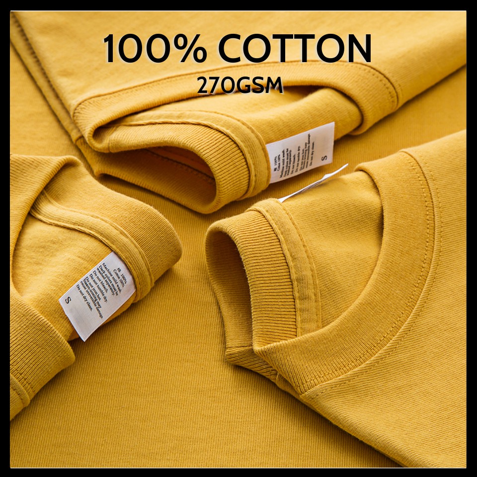 250G Áo Phông 100% vải Cotton chải kĩ, loại bỏ lông thừa - Áo thun trơn định lượng 260gsm Màu Vàng Form Unisex Hè 2022