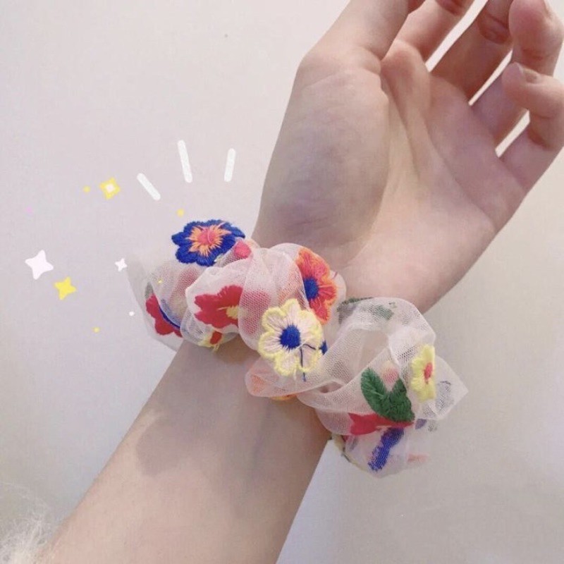 Scrunchies cột tóc hoa thêu nổi phong cách Hàn quốc. cột tóc dây hoa tiểu thư dễ thương LOLI