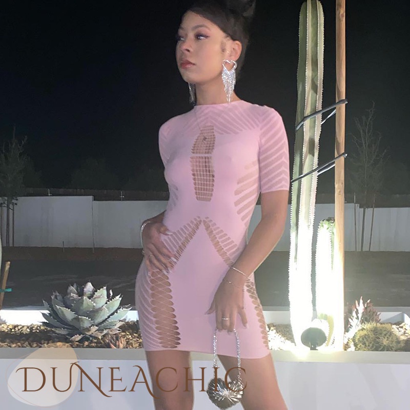 DUNEA Đầm Tay Ngắn Cổ Tròn Phối Lưới Quyến Rũ Thời Trang Dành Cho Nữ