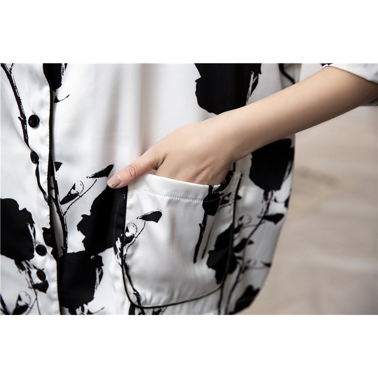 Bộ đồ ngủ satin lụa lạnh dáng rộng tay cánh dơi in họa tiết hoa hồng thời trang mới dành cho nữ