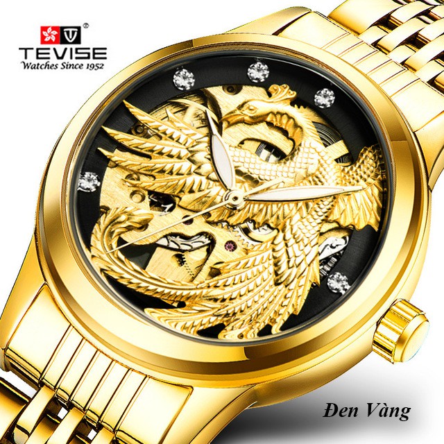 Đồng hồ nữ Tevise máy cơ mặt phượng 3D dây thép không gỉ đúc đặc