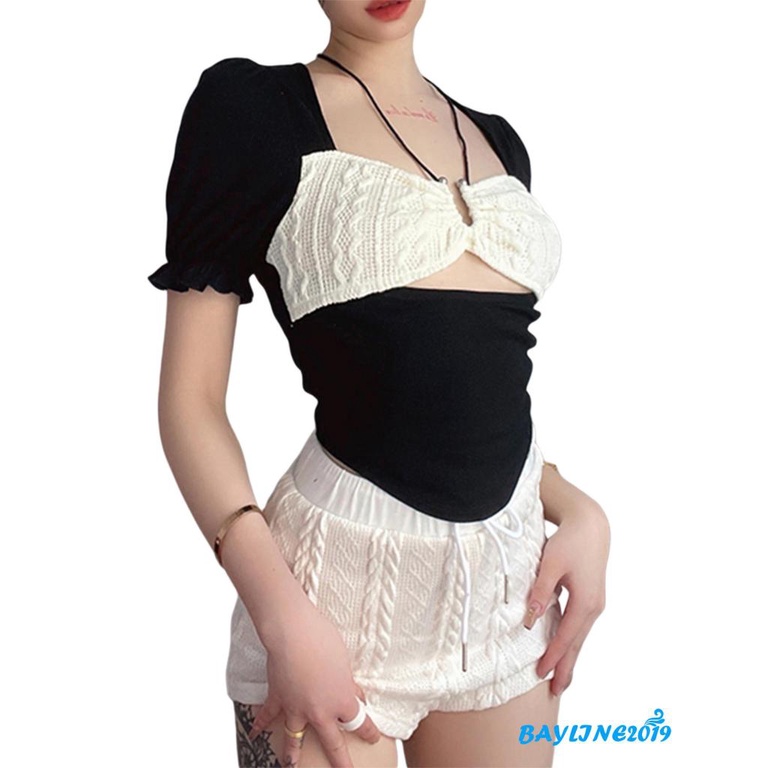 Áo Thun Tay Ngắn Phồng Cổ Yếm Màu Sắc Tương Phản Thời Trang Mùa Hè Dành Cho Nữ