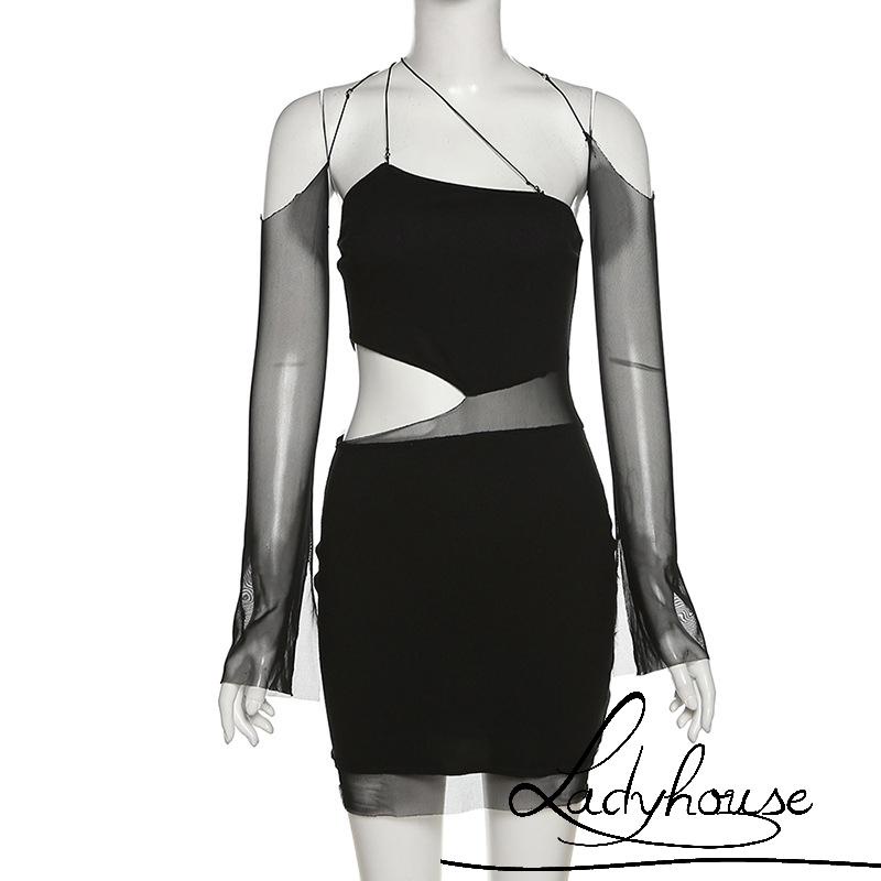 Đầm Ôm Dáng Tay Dài Hở Vai Phối Màu Đen Dành Cho Nữ