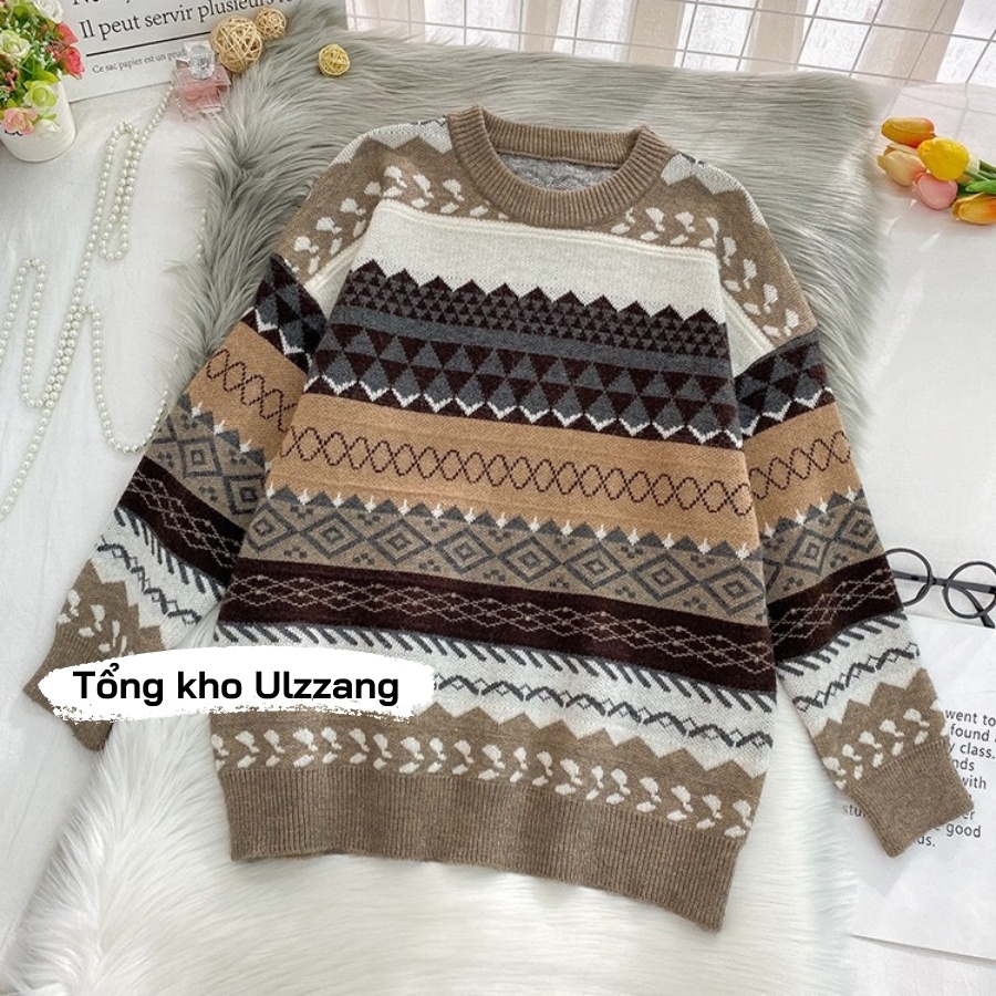 Áo Len Nữ Họa Tiết Thổ Cẩm Chất Len Dày Siêu Ấm Phong Cách Hàn Quốc | BigBuy360 - bigbuy360.vn