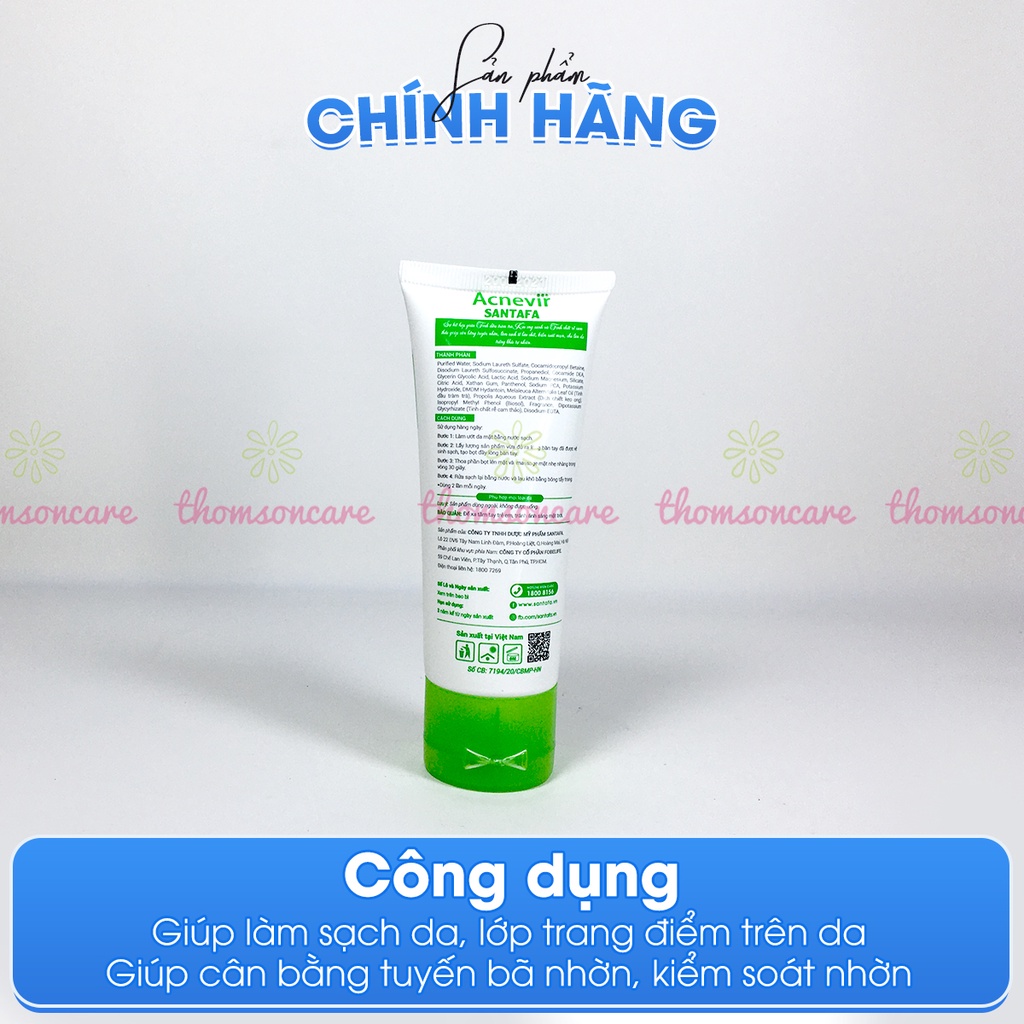 Sữa rửa mặt Acnevir Santafa cho da mụn, srm ngừa mụn đầu đen, mụn cám từ keo ong, tinh dầu tràm và cam thảo