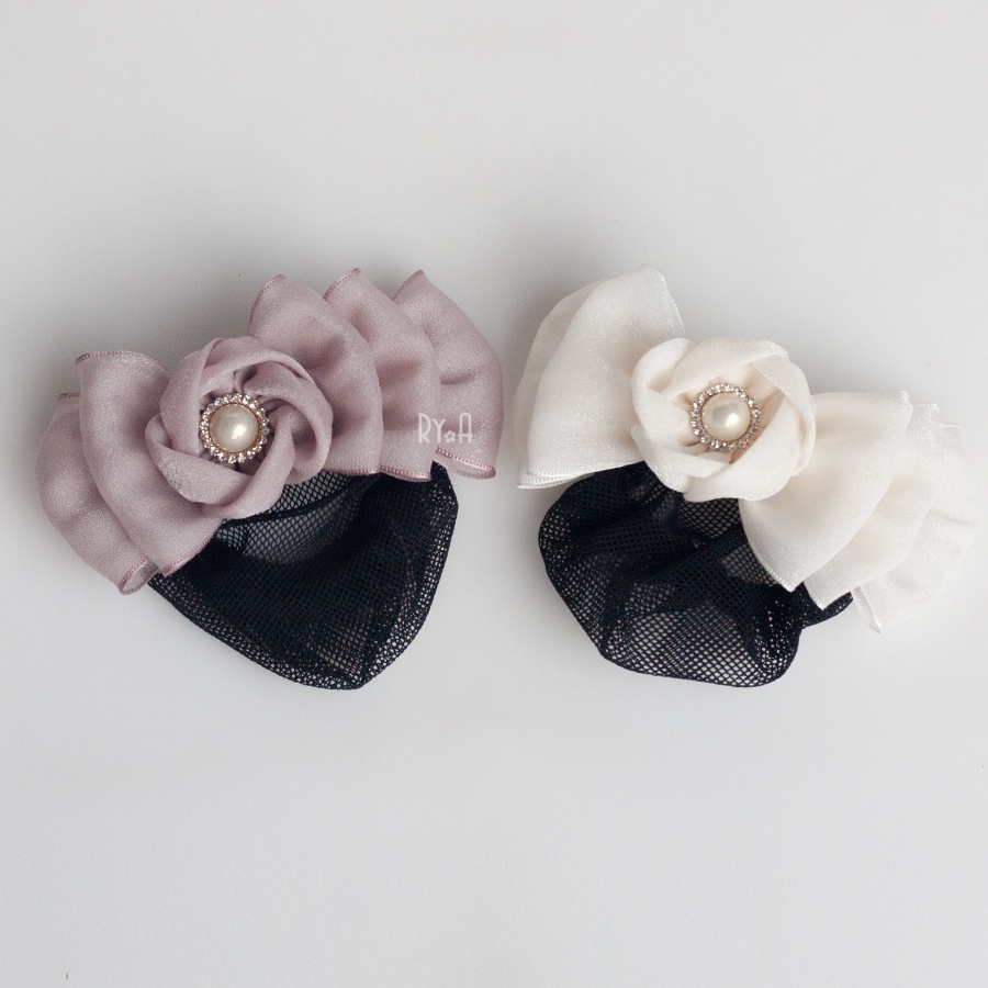 Kẹp búi tóc công sở nơ ruy băng voan đính hoa voan RYA 92075