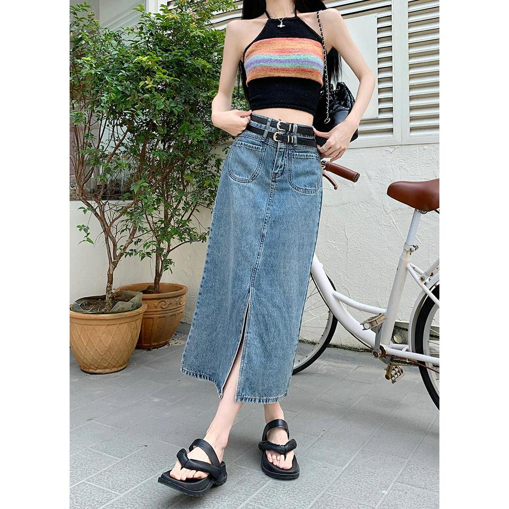 Chân Váy Denim Dáng Chữ A Lưng Cao Phối Thắt Lưng Phong Cách Retro Thời Trang Mùa Hè Hàng Mới 63754
