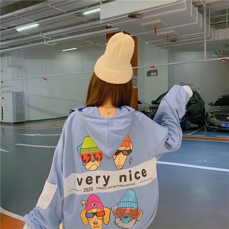 ZHELIHANGFEI Áo Hoodie Tay Dài Form Rộng Họa Tiết In Theo Phong Cách Preppy Dễ Phối Đồ