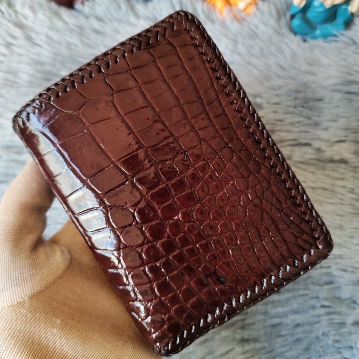 Ví Da Cá Sấu Thủ Công 2 Mặt | Ví Cá Sấu Đan Viền Dáng Đứng | Da Bụng Màu Đen| Bảo Hành 24 Tháng