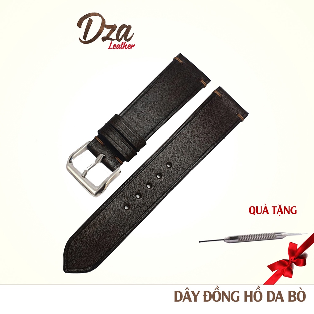 Dây đồng hồ da bò đen trơn Dza leather Tặng kèm khóa và dụng cụ thay dây