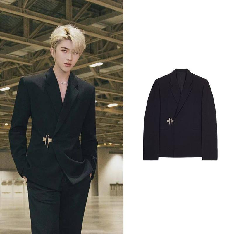 Show Áo Khoác Blazer Dáng Rộng Khóa Kim Loại Đệm Vai Phong Cách Đơn Giản Cùng Phong Cách Cai Xukun