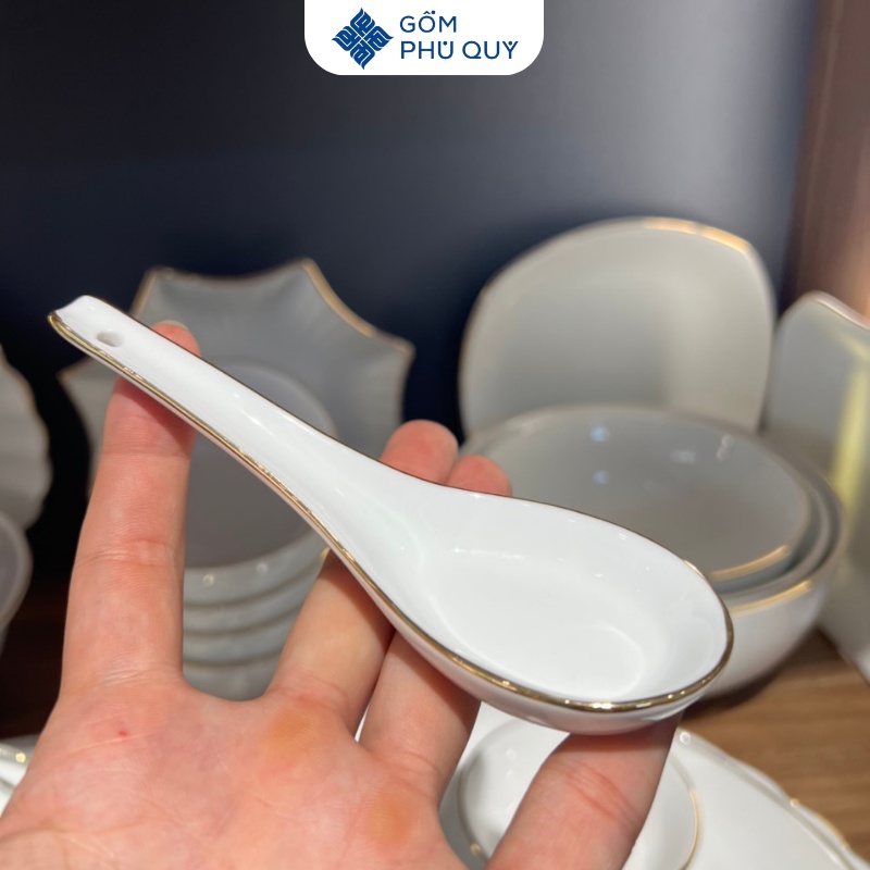 Bộ Bát Đĩa Sứ Bát Tràng, Chén Dĩa Trắng Kẻ Chỉ Vàng Kim Đẹp, Cao Cấp, Bát Ăn Cơm Hh01