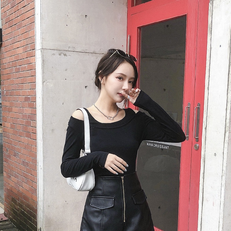 Áo thun COZOK tay dài hở vai màu trơn đơn giản dễ phối đồ thời trang