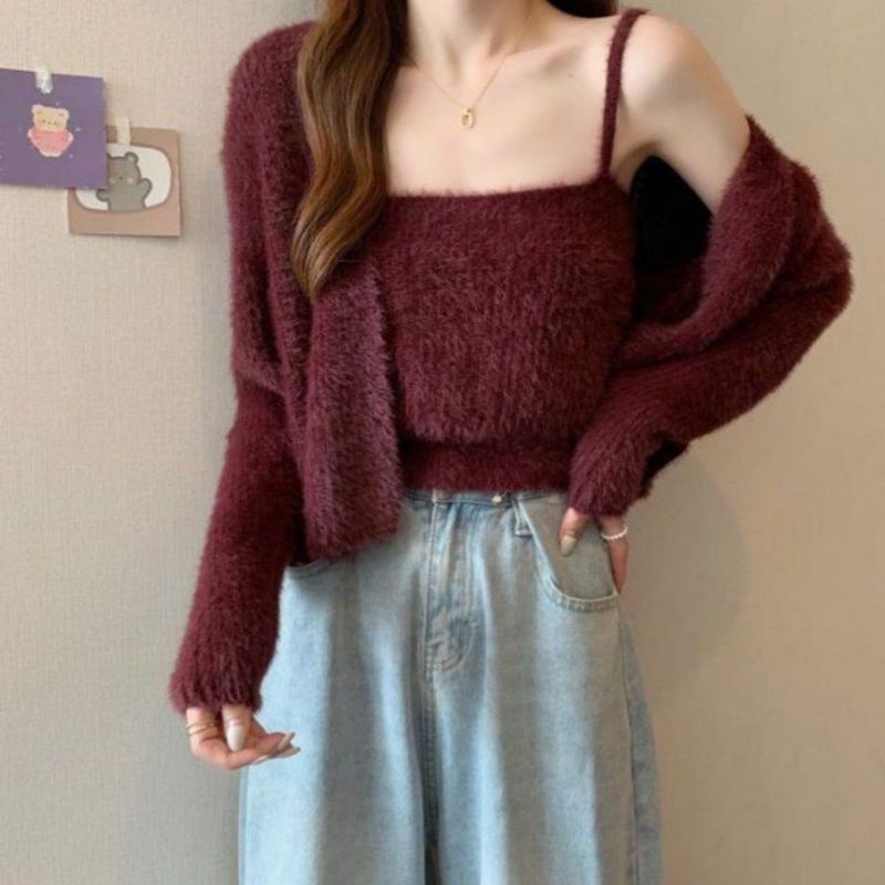 Set áo len lông thỏ áo 2 dây kèm áo khoác